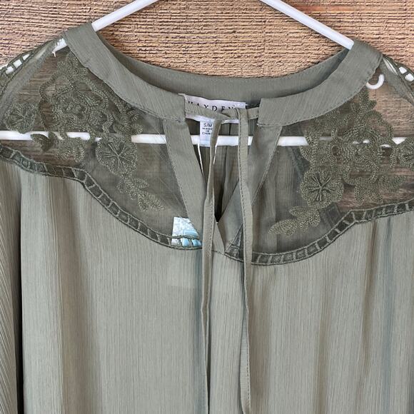 Hayden Sheer Lace Tie Front Peasant Top Olive Green Size Small Medium NWT - Picture 2 of 11